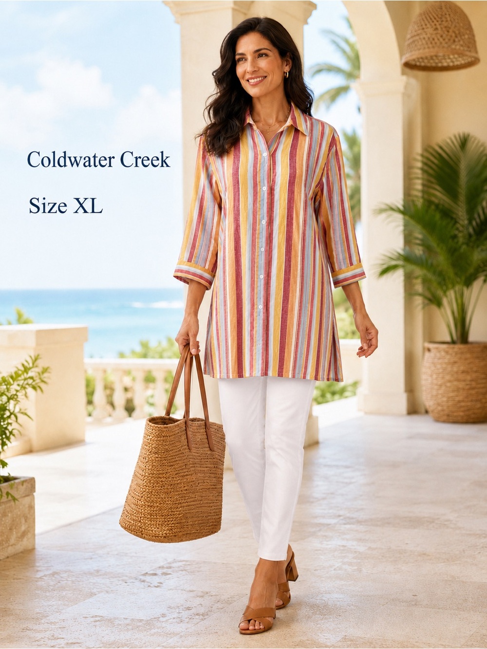 Coldwater Creek XL 100% Linen Multicolor Striped Tunic Shirt